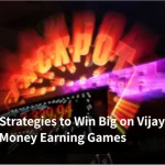 Vijaybet real money earning games featured image with poker cards, coins, cricket ball, and casino chip.